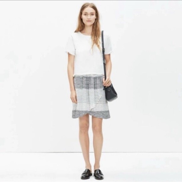Madewell Silk Skirt Black White Hashtag Stripe Faux Wrap Tulip Mini Size Medium - Picture 1 of 9